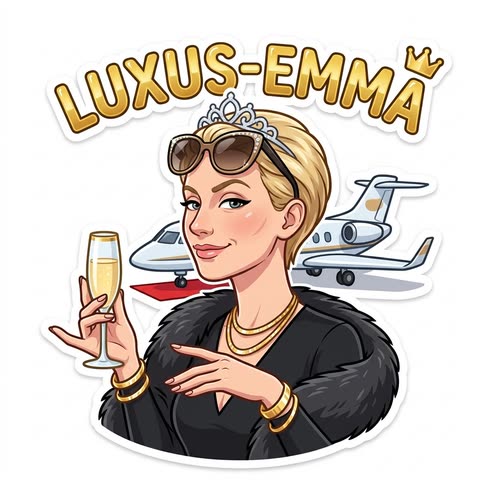 Sticker with the golden lettering LUXUS-EMMA and a small crown: an illustrated woman with short blonde hair, a tiara, sunglasses and a black fur coat, with a private jet behind her.